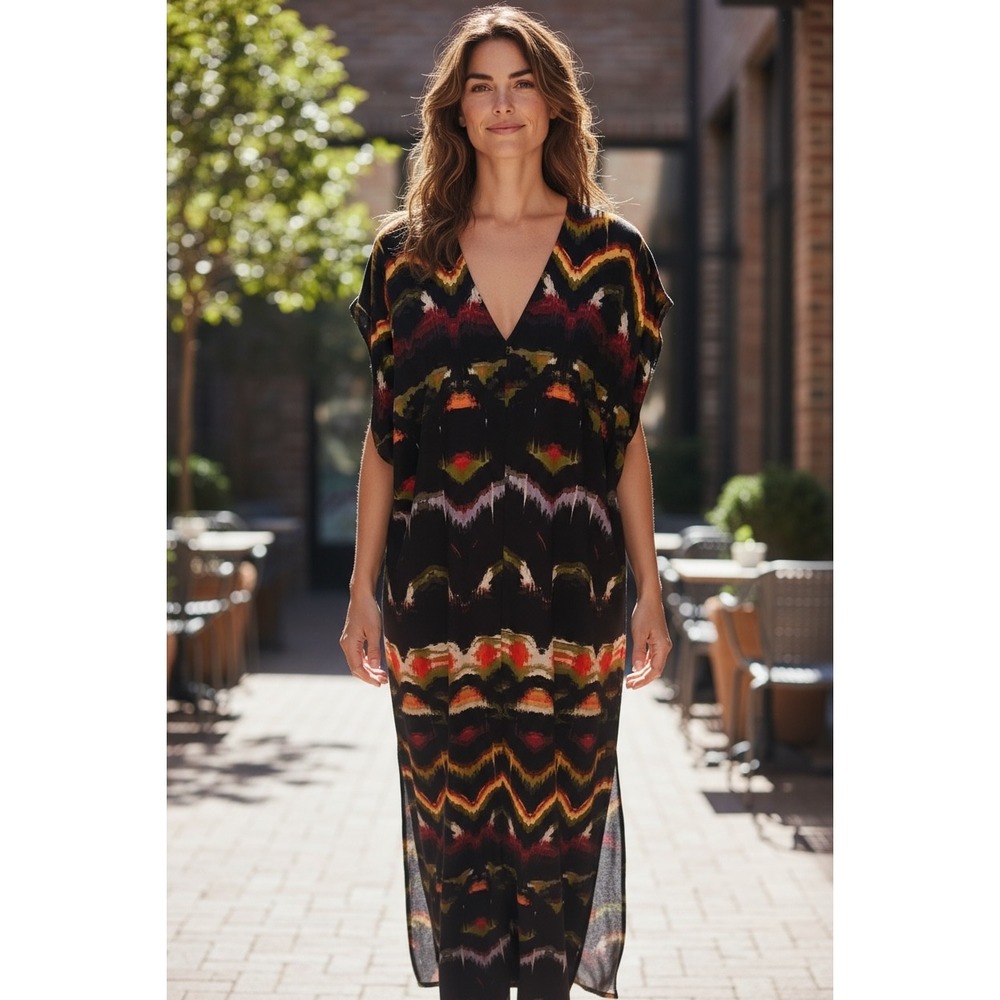 Universal Standard XS Kaftan‎ Maxi Dress V Neck Chevron Print Black Multicolor